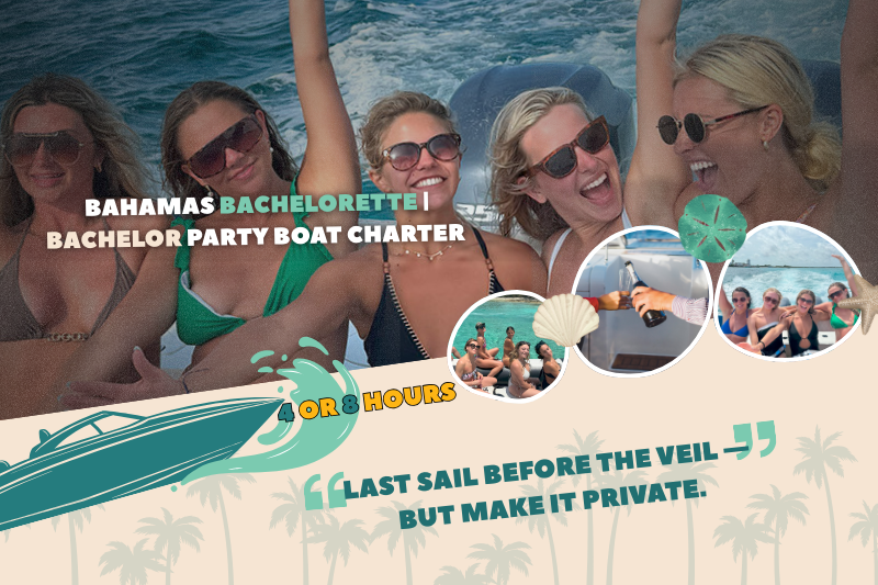 Bachelorette party group celebrating on a private boat in Nassau Bahamas